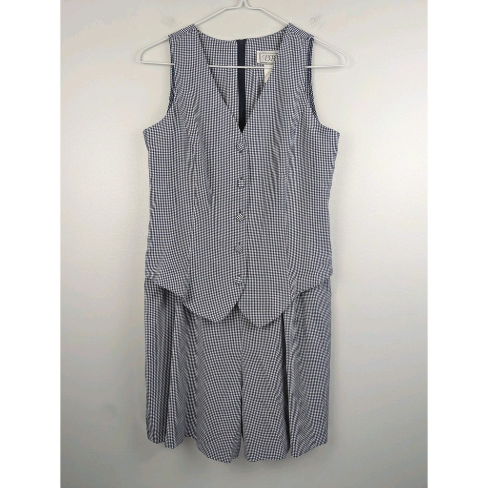 VTG D.B.Y. Women's One Piece Romper Shorts‎ Vest Navy Blue Checker Size 8 Fitted